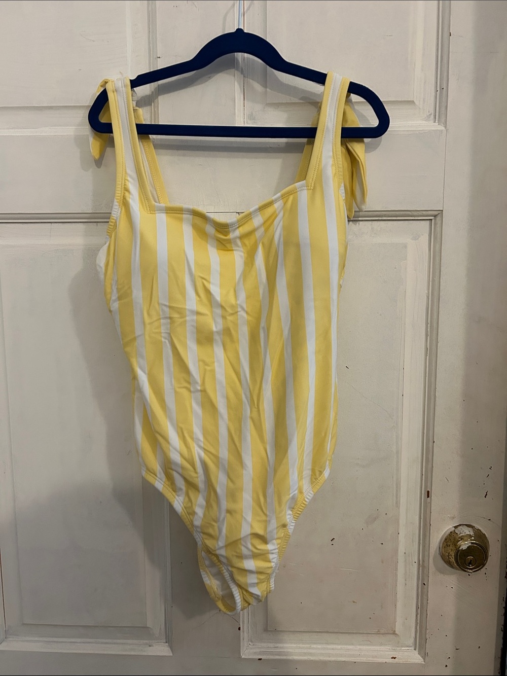NWT Kona Sol Yellow & White Vertical Stripe One-Piece Swimsuit with Tie Straps S